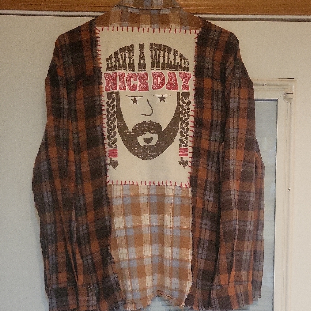Upcycled BKE Brown Plaid Shirt with Willie Nelson Inspired Back Patch
